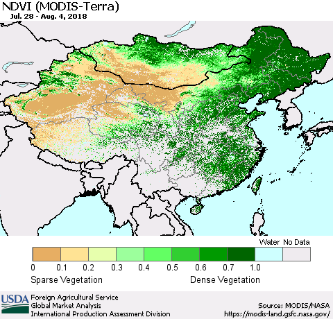 China, Mongolia and Taiwan NDVI (Terra-MODIS) Thematic Map For 8/1/2018 - 8/10/2018
