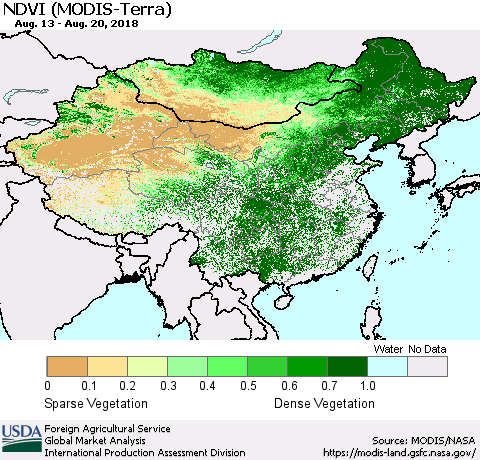 China, Mongolia and Taiwan NDVI (Terra-MODIS) Thematic Map For 8/11/2018 - 8/20/2018