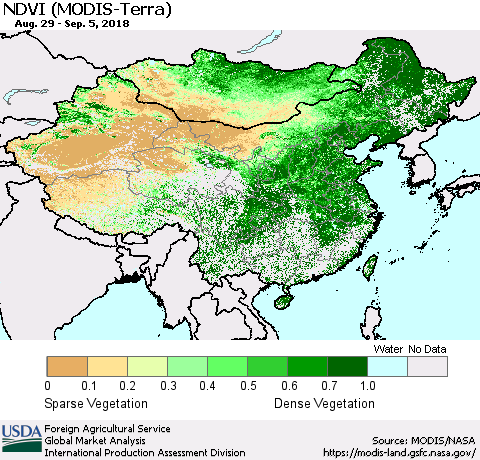 China, Mongolia and Taiwan NDVI (Terra-MODIS) Thematic Map For 9/1/2018 - 9/10/2018