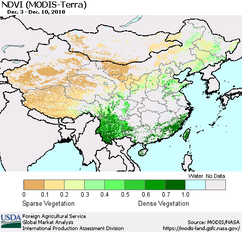 China, Mongolia and Taiwan NDVI (Terra-MODIS) Thematic Map For 12/1/2018 - 12/10/2018