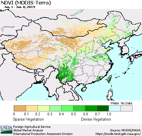 China and Taiwan NDVI (Terra-MODIS) Thematic Map For 1/1/2019 - 1/10/2019