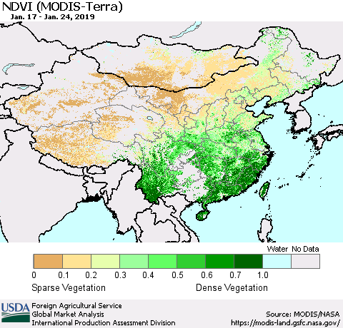 China and Taiwan NDVI (Terra-MODIS) Thematic Map For 1/21/2019 - 1/31/2019