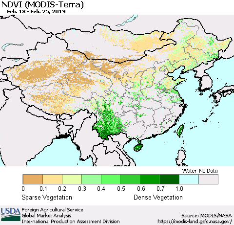 China and Taiwan NDVI (Terra-MODIS) Thematic Map For 2/21/2019 - 2/28/2019