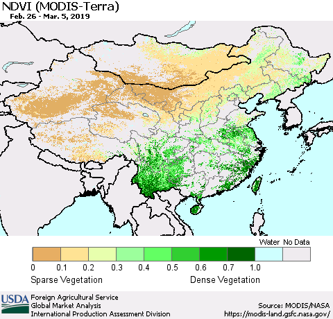 China and Taiwan NDVI (Terra-MODIS) Thematic Map For 3/1/2019 - 3/10/2019
