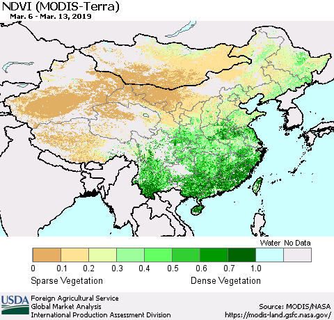China and Taiwan NDVI (Terra-MODIS) Thematic Map For 3/11/2019 - 3/20/2019