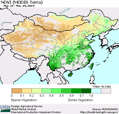 China and Taiwan NDVI (Terra-MODIS) Thematic Map For 3/21/2019 - 3/31/2019