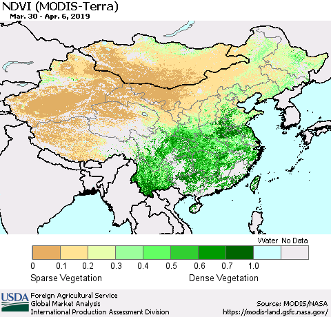 China and Taiwan NDVI (Terra-MODIS) Thematic Map For 4/1/2019 - 4/10/2019