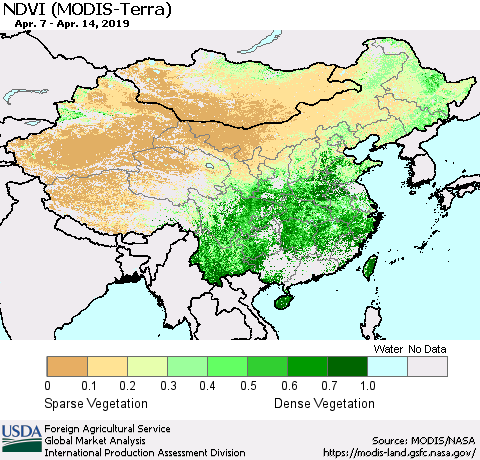 China and Taiwan NDVI (Terra-MODIS) Thematic Map For 4/11/2019 - 4/20/2019
