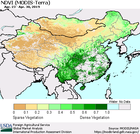 China and Taiwan NDVI (Terra-MODIS) Thematic Map For 4/21/2019 - 4/30/2019