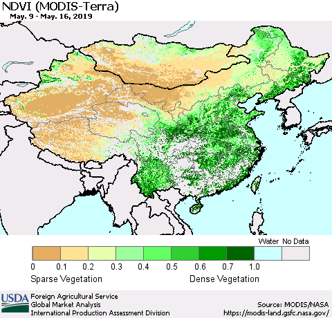 China and Taiwan NDVI (Terra-MODIS) Thematic Map For 5/11/2019 - 5/20/2019