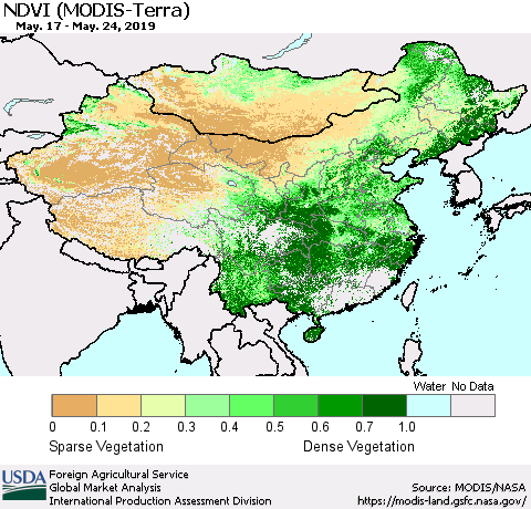 China and Taiwan NDVI (Terra-MODIS) Thematic Map For 5/21/2019 - 5/31/2019