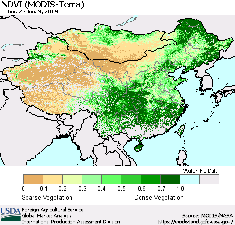 China, Mongolia and Taiwan NDVI (Terra-MODIS) Thematic Map For 6/1/2019 - 6/10/2019