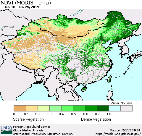 China and Taiwan NDVI (Terra-MODIS) Thematic Map For 6/21/2019 - 6/30/2019