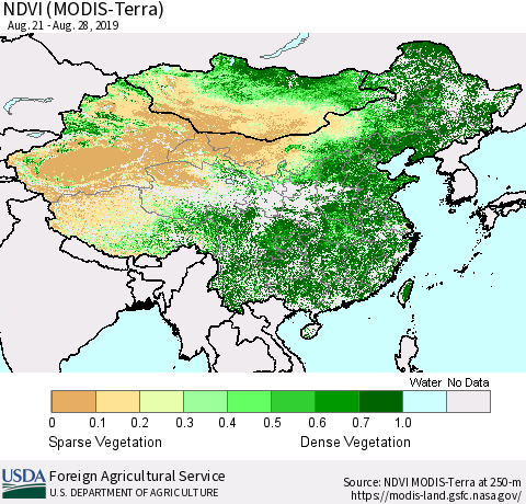 China and Taiwan NDVI (Terra-MODIS) Thematic Map For 8/21/2019 - 8/31/2019