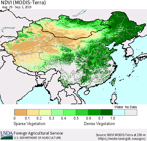 China and Taiwan NDVI (Terra-MODIS) Thematic Map For 9/1/2019 - 9/10/2019