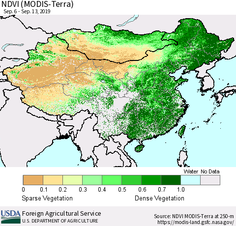 China and Taiwan NDVI (Terra-MODIS) Thematic Map For 9/11/2019 - 9/20/2019