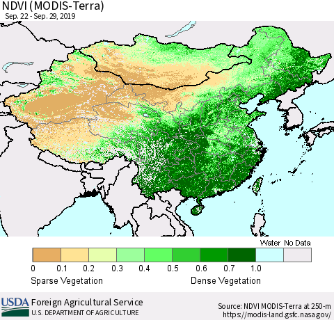 China and Taiwan NDVI (Terra-MODIS) Thematic Map For 9/21/2019 - 9/30/2019