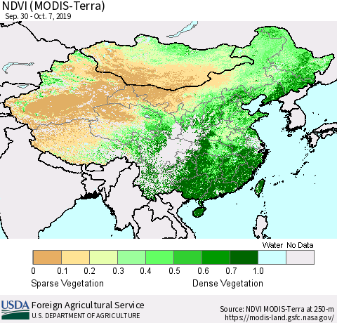 China and Taiwan NDVI (Terra-MODIS) Thematic Map For 10/1/2019 - 10/10/2019