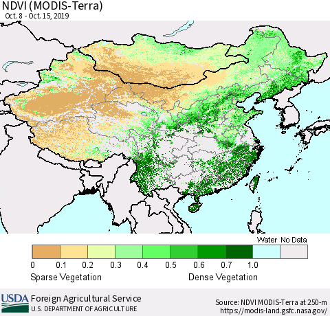 China, Mongolia and Taiwan NDVI (Terra-MODIS) Thematic Map For 10/11/2019 - 10/20/2019