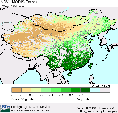China and Taiwan NDVI (Terra-MODIS) Thematic Map For 11/1/2019 - 11/10/2019