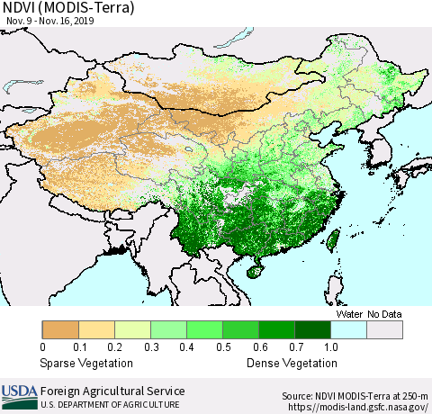 China and Taiwan NDVI (Terra-MODIS) Thematic Map For 11/11/2019 - 11/20/2019
