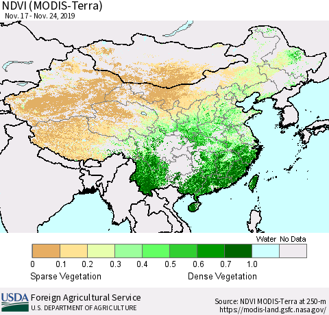 China and Taiwan NDVI (Terra-MODIS) Thematic Map For 11/21/2019 - 11/30/2019
