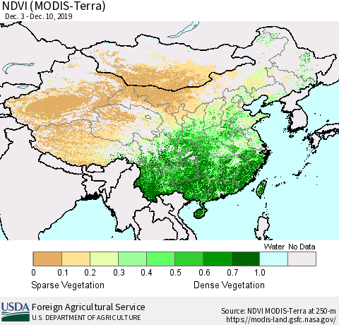 China and Taiwan NDVI (Terra-MODIS) Thematic Map For 12/1/2019 - 12/10/2019