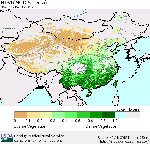 China and Taiwan NDVI (Terra-MODIS) Thematic Map For 12/11/2019 - 12/20/2019