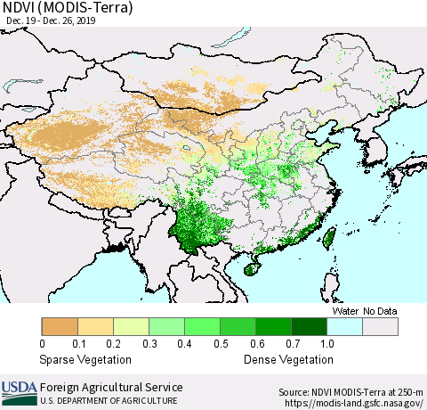 China and Taiwan NDVI (Terra-MODIS) Thematic Map For 12/21/2019 - 12/31/2019