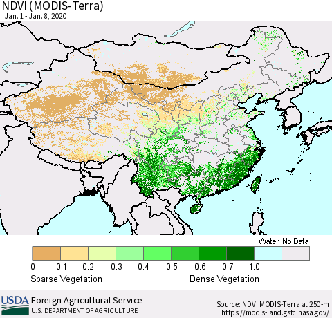 China and Taiwan NDVI (Terra-MODIS) Thematic Map For 1/1/2020 - 1/10/2020