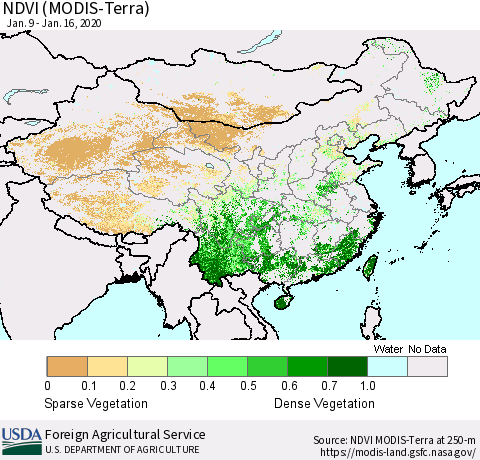 China and Taiwan NDVI (Terra-MODIS) Thematic Map For 1/11/2020 - 1/20/2020