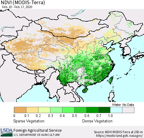 China and Taiwan NDVI (Terra-MODIS) Thematic Map For 2/11/2020 - 2/20/2020