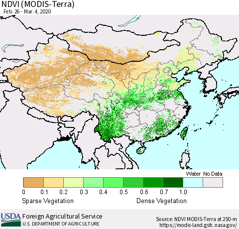 China and Taiwan NDVI (Terra-MODIS) Thematic Map For 3/1/2020 - 3/10/2020