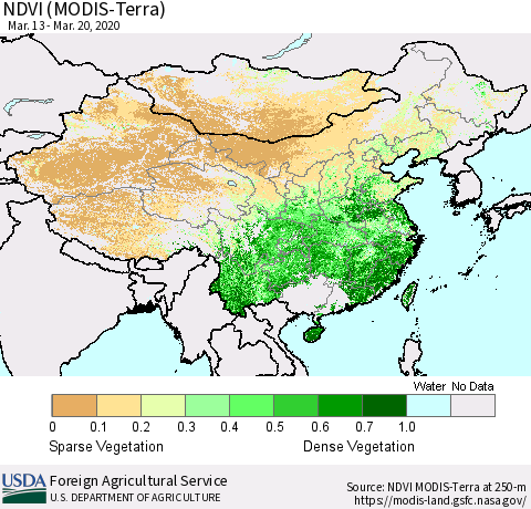 China and Taiwan NDVI (Terra-MODIS) Thematic Map For 3/11/2020 - 3/20/2020