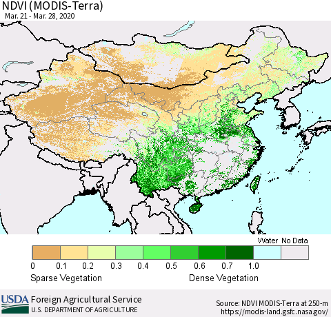 China and Taiwan NDVI (Terra-MODIS) Thematic Map For 3/21/2020 - 3/31/2020