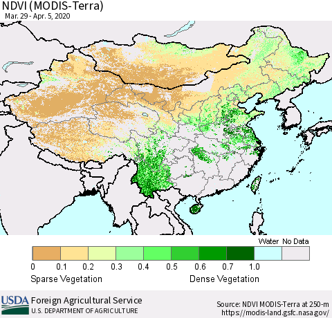 China and Taiwan NDVI (Terra-MODIS) Thematic Map For 4/1/2020 - 4/10/2020