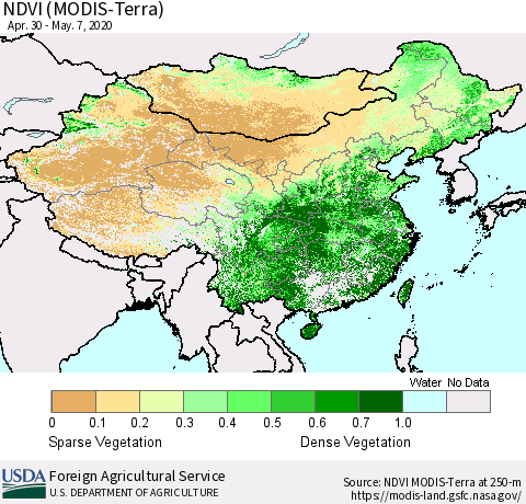 China and Taiwan NDVI (Terra-MODIS) Thematic Map For 5/1/2020 - 5/10/2020