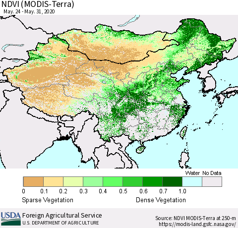 China and Taiwan NDVI (Terra-MODIS) Thematic Map For 5/21/2020 - 5/31/2020