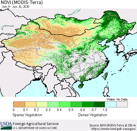 China and Taiwan NDVI (Terra-MODIS) Thematic Map For 6/11/2020 - 6/20/2020