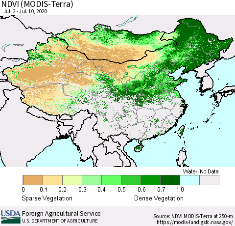 China and Taiwan NDVI (Terra-MODIS) Thematic Map For 7/1/2020 - 7/10/2020