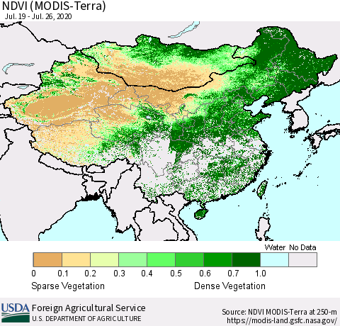 China and Taiwan NDVI (Terra-MODIS) Thematic Map For 7/21/2020 - 7/31/2020