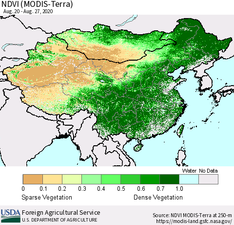 China and Taiwan NDVI (Terra-MODIS) Thematic Map For 8/21/2020 - 8/31/2020