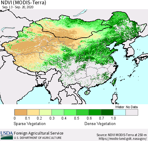 China and Taiwan NDVI (Terra-MODIS) Thematic Map For 9/11/2020 - 9/20/2020