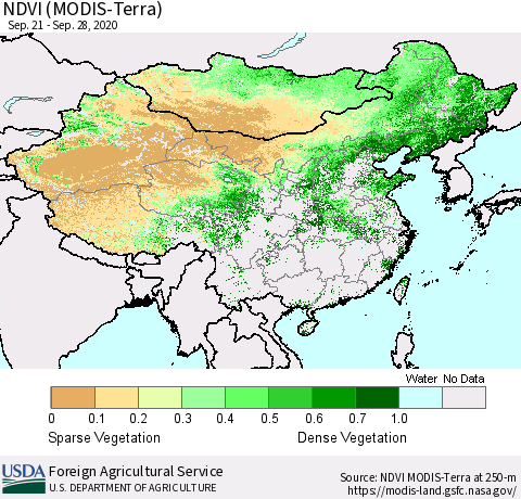 China and Taiwan NDVI (Terra-MODIS) Thematic Map For 9/21/2020 - 9/30/2020