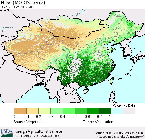 China and Taiwan NDVI (Terra-MODIS) Thematic Map For 10/21/2020 - 10/31/2020