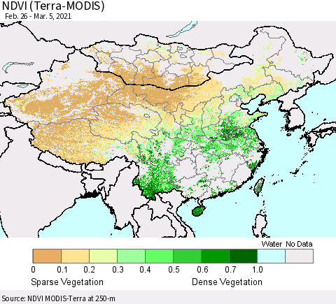 China, Mongolia and Taiwan NDVI (Terra-MODIS) Thematic Map For 2/26/2021 - 3/5/2021