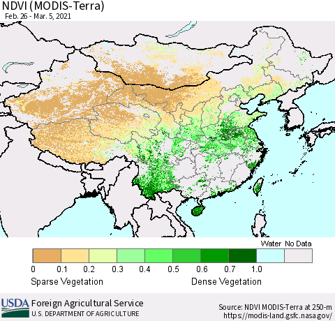 China and Taiwan NDVI (Terra-MODIS) Thematic Map For 3/1/2021 - 3/10/2021