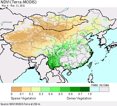 China, Mongolia and Taiwan NDVI (Terra-MODIS) Thematic Map For 3/6/2021 - 3/13/2021