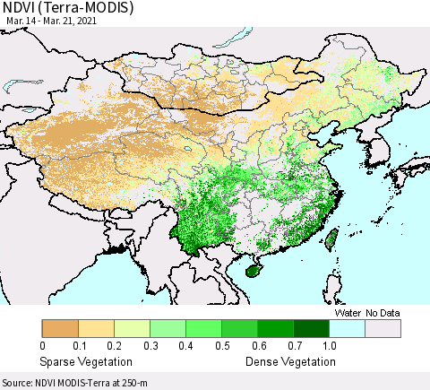 China, Mongolia and Taiwan NDVI (Terra-MODIS) Thematic Map For 3/14/2021 - 3/21/2021