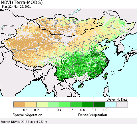 China, Mongolia and Taiwan NDVI (Terra-MODIS) Thematic Map For 3/22/2021 - 3/29/2021